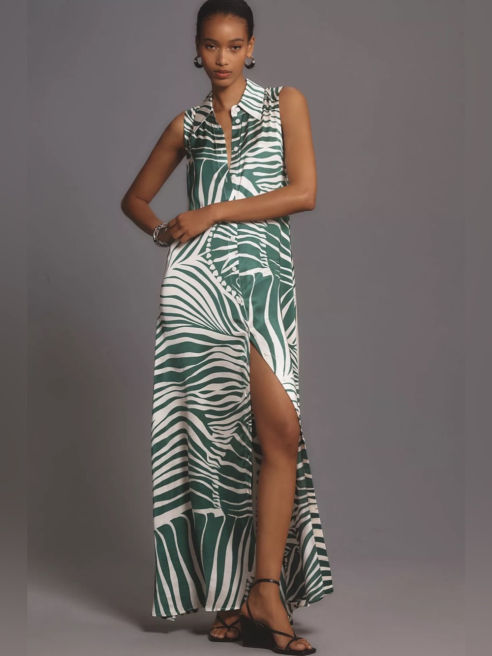 Corey Lynn Calter Sleeveless Maxi Shirt Dress in Green/White Zebra Print, Large